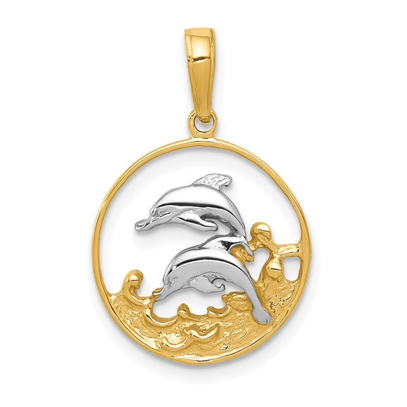 14k Yellow Gold and Rhodium Double Dolphins In Circle Necklace Charm Pendant
